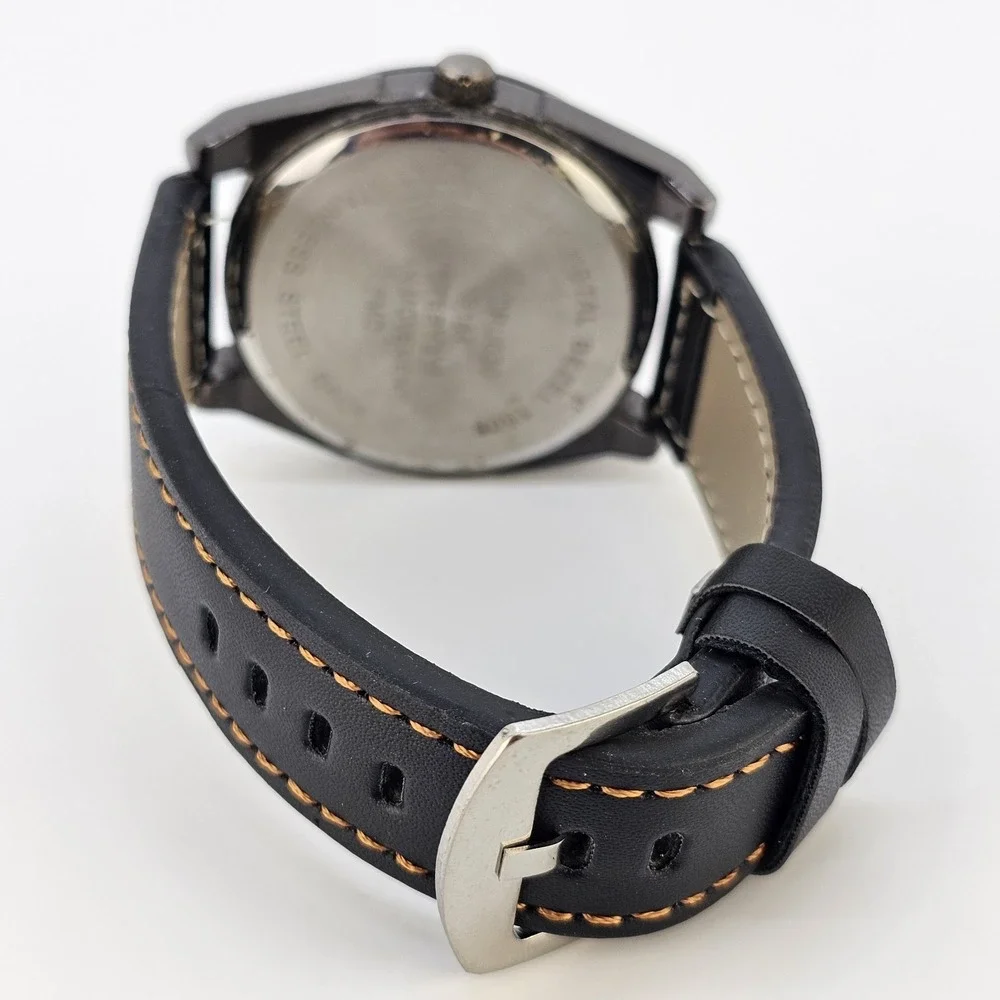 Men's Analog Watch 46MM Black Dial Brown Faux Leather Bands New Battery